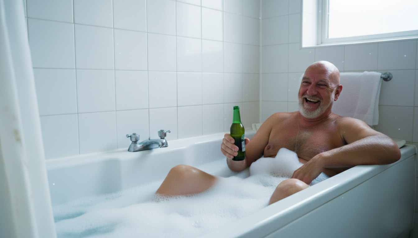 Man blij in bad
